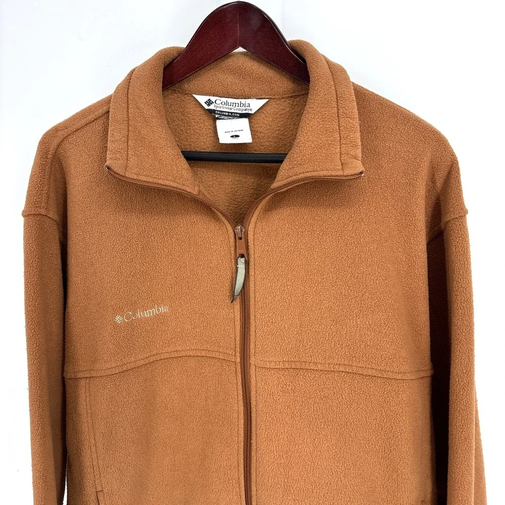Columbia Fleece Jacket Mens Large Brown Embroidery Full‎ Zip Pockets Vintage